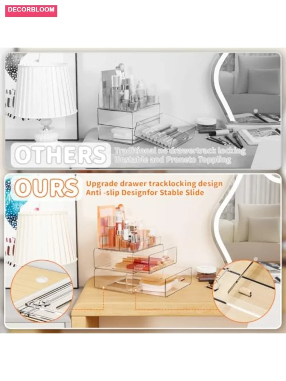 3 Tier Stackable Acrylic Makeup Organizer with Drawers for Countertop Dresser